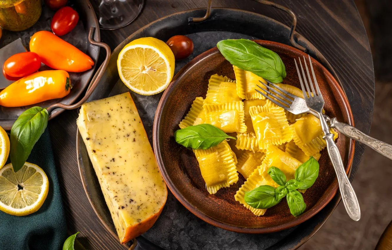 Photo wallpaper lemon, cheese, plate, pasta, pasta