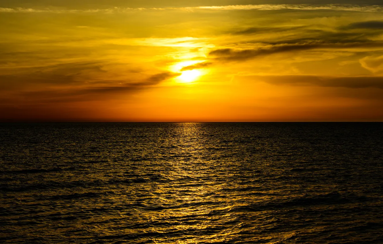 Photo wallpaper sea, the sun, sunset, surface, beauty
