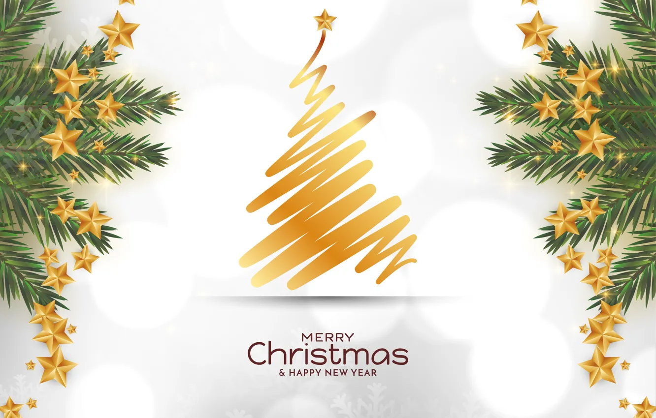 Photo wallpaper stars, snowflakes, branches, the inscription, new year, Christmas, gold, herringbone