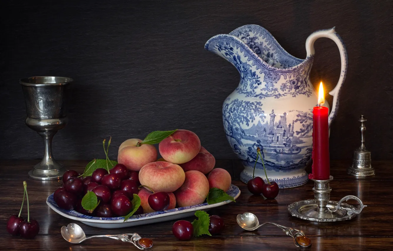 Photo wallpaper candles, pitcher, peaches, cherry