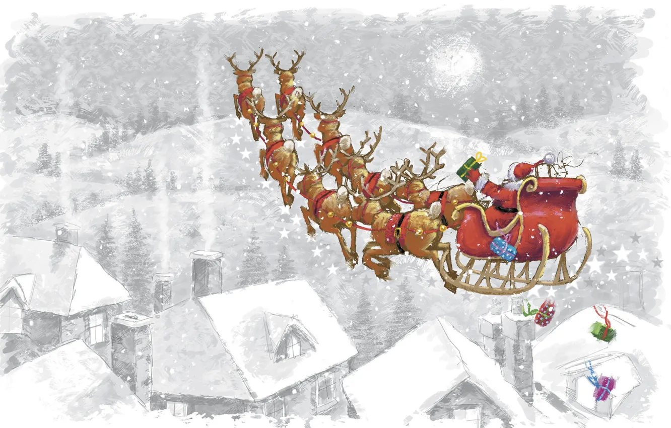 Photo wallpaper holiday, figure, home, sleigh, Santa Claus, deer
