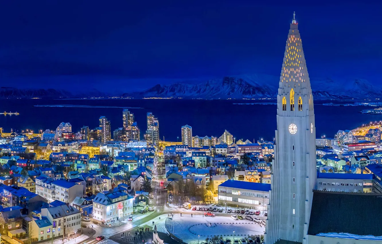 Photo wallpaper night, lights, tower, home, Iceland, Reykjavik, Hallgrimskirkja