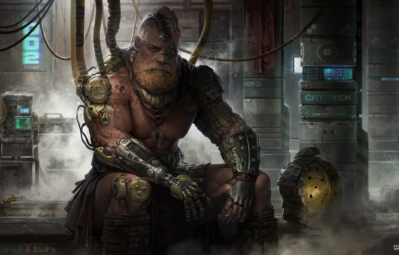 Photo wallpaper look, fiction, male, beard, art, sci-fi, Cyberpunk