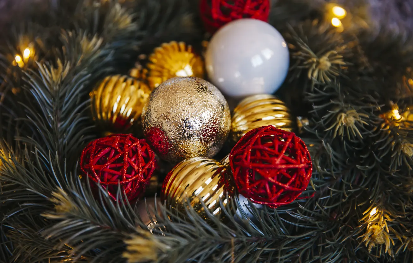 Photo wallpaper balls, tree, New Year, Christmas, golden, Christmas, balls, New Year
