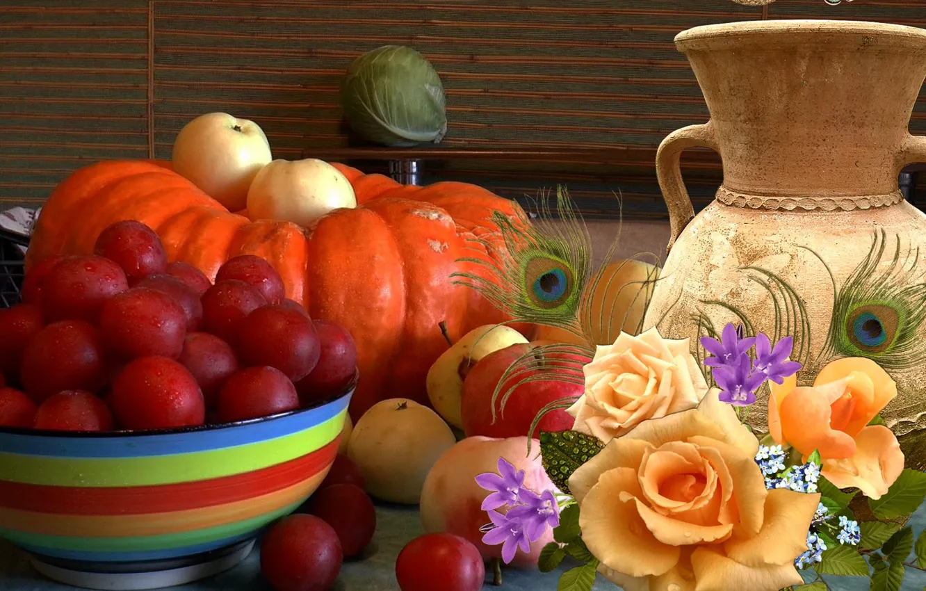 Photo wallpaper apples, harvest, pitcher, plum