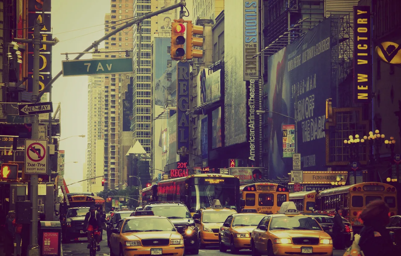 Photo wallpaper New York, signs, traffic light, taxi, bus, Manhattan, cars, life