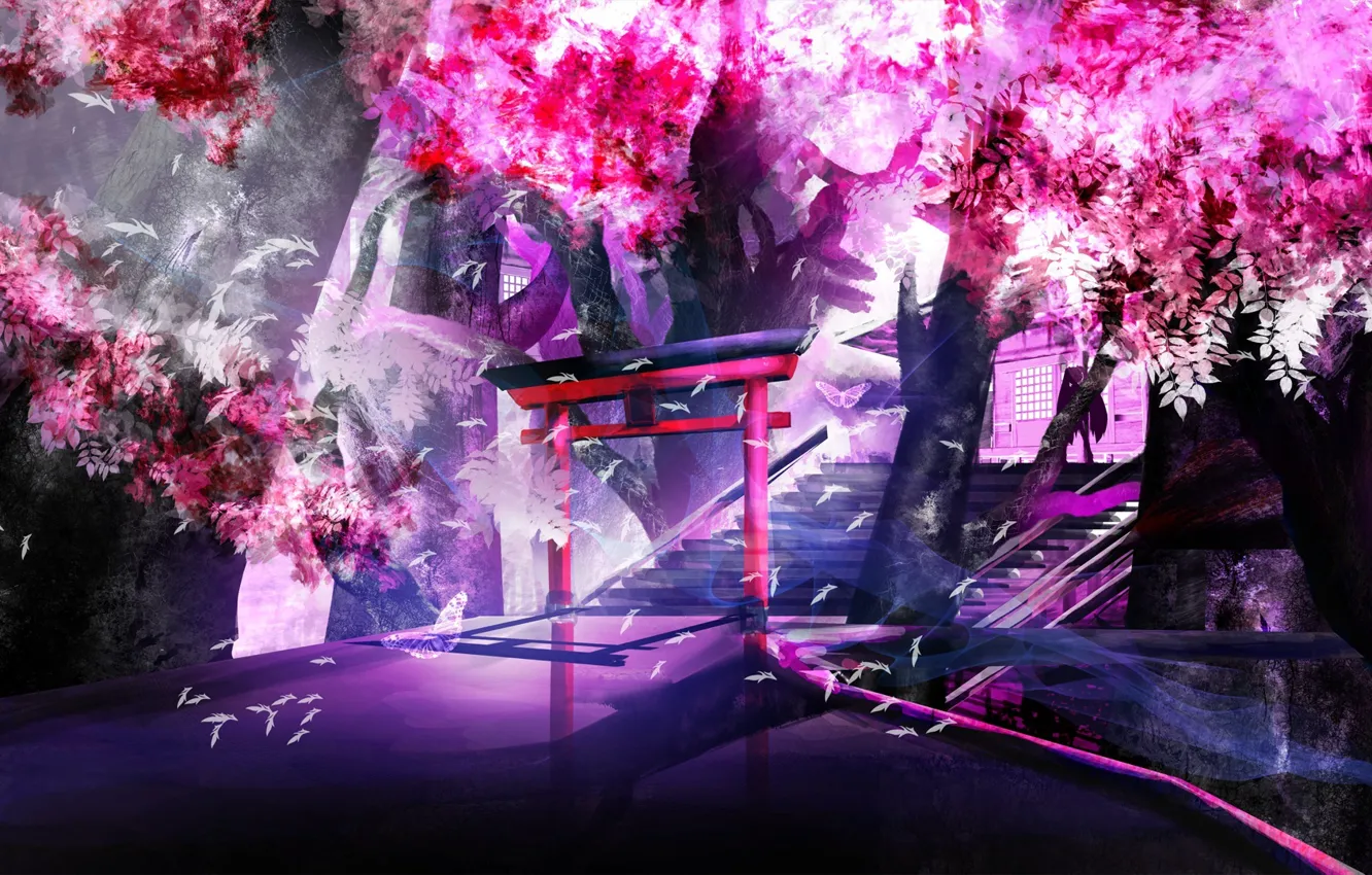 Photo wallpaper leaves, trees, butterfly, shadow, gate, Sakura, ladder, temple