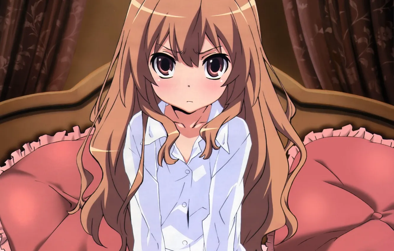 Photo wallpaper girl, pillow, Anime, shirt, curtains, Aisaka Taiga, Toradora