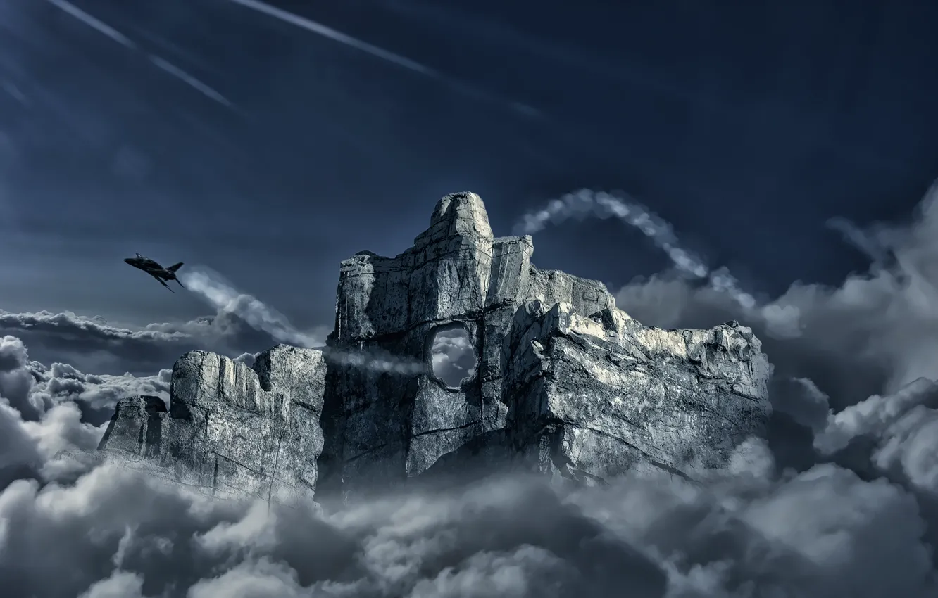 Photo wallpaper clouds, flight, rock, the plane, mountain, hole, fighter, art