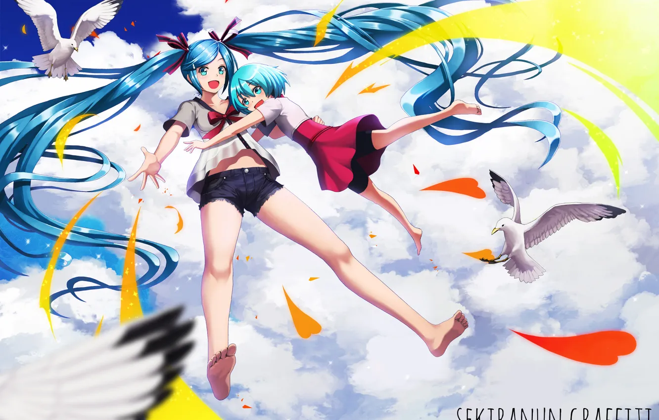 Photo wallpaper the sky, clouds, girls, seagulls, anime, art, vocaloid, hatsune miku