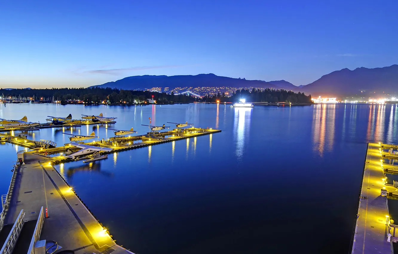 Photo wallpaper sea, mountains, night, lights, Bay, pier, Canada, Bay