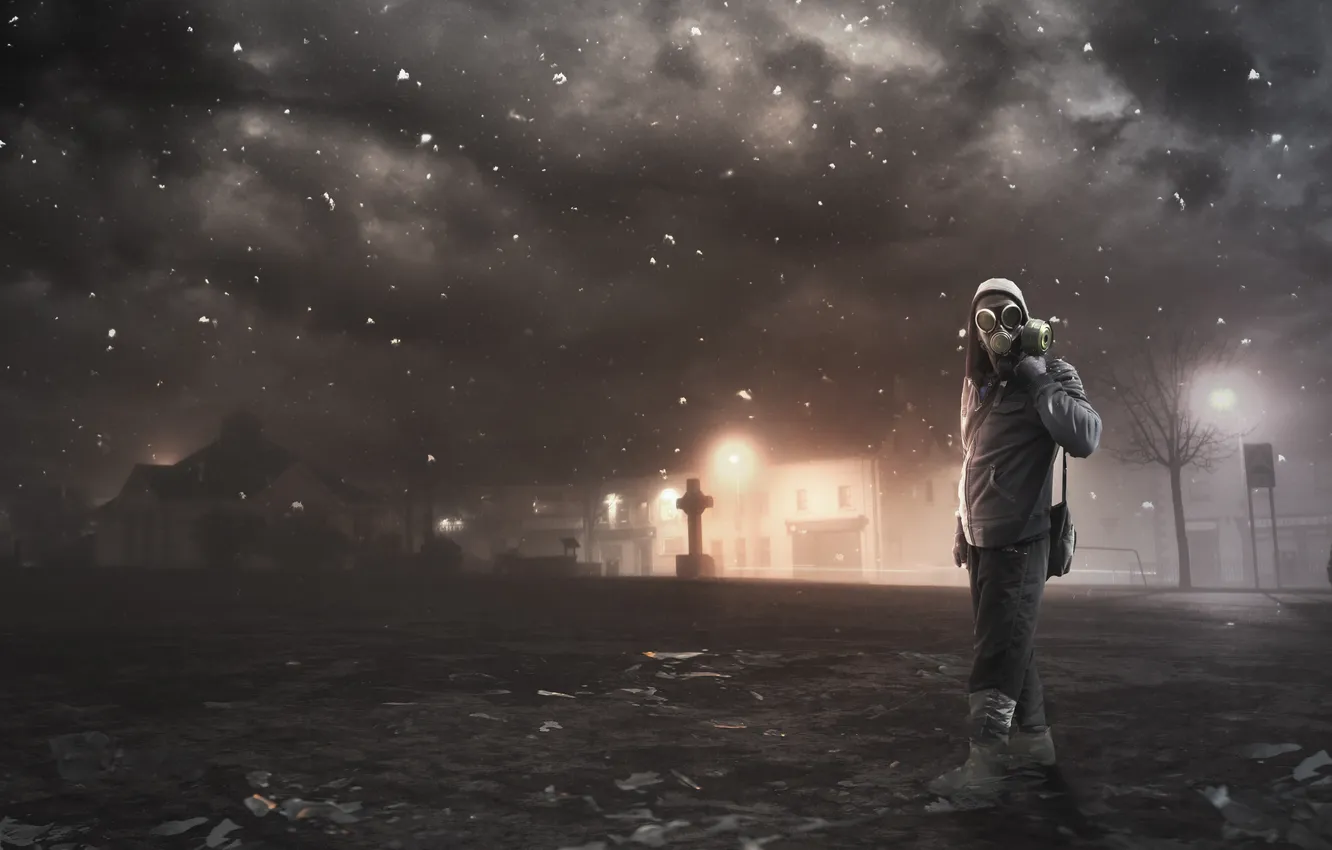 Photo wallpaper clouds, smoke, people, art, postapokalipsis, survivor