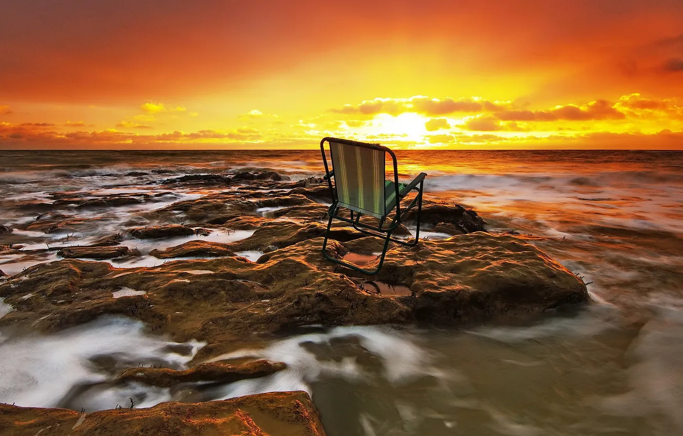 Photo wallpaper sea, landscape, sunset, chair