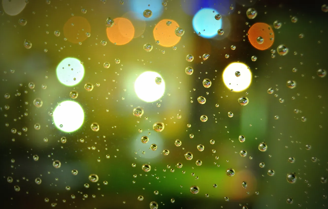 Photo wallpaper colorful, glass, bokeh, raindrops