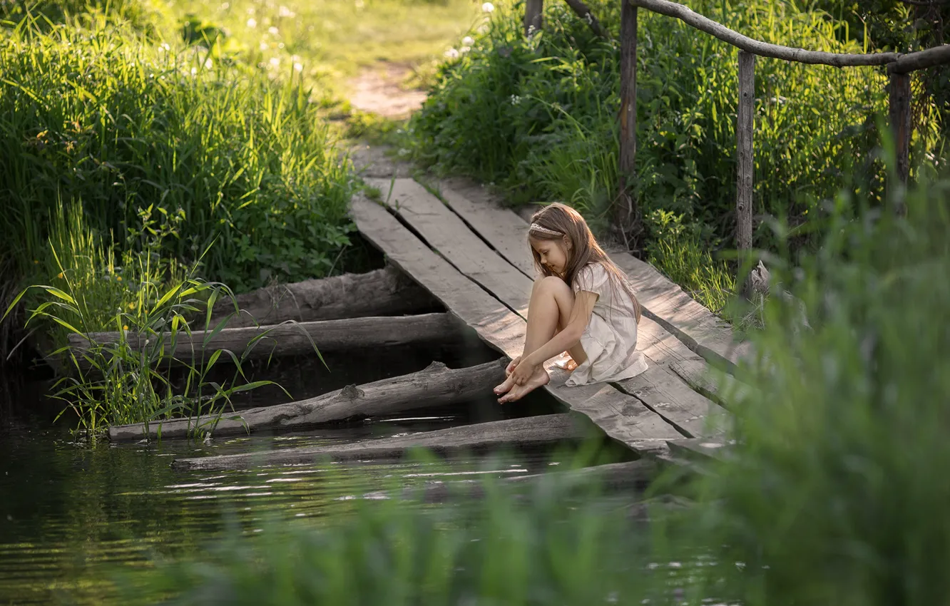 Photo wallpaper summer, river, girl, the bridge