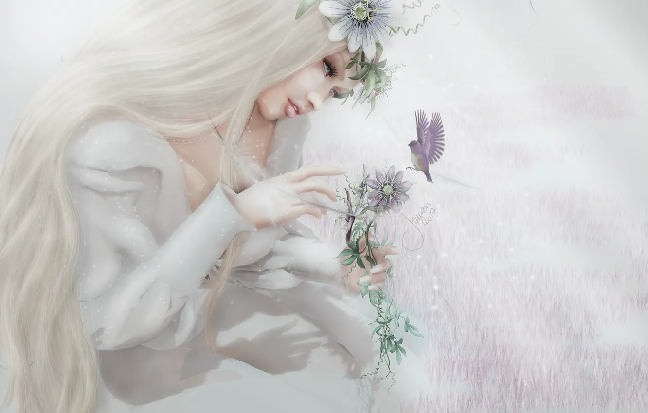 Photo wallpaper girl, flowers, face, background, hair, blonde, bird