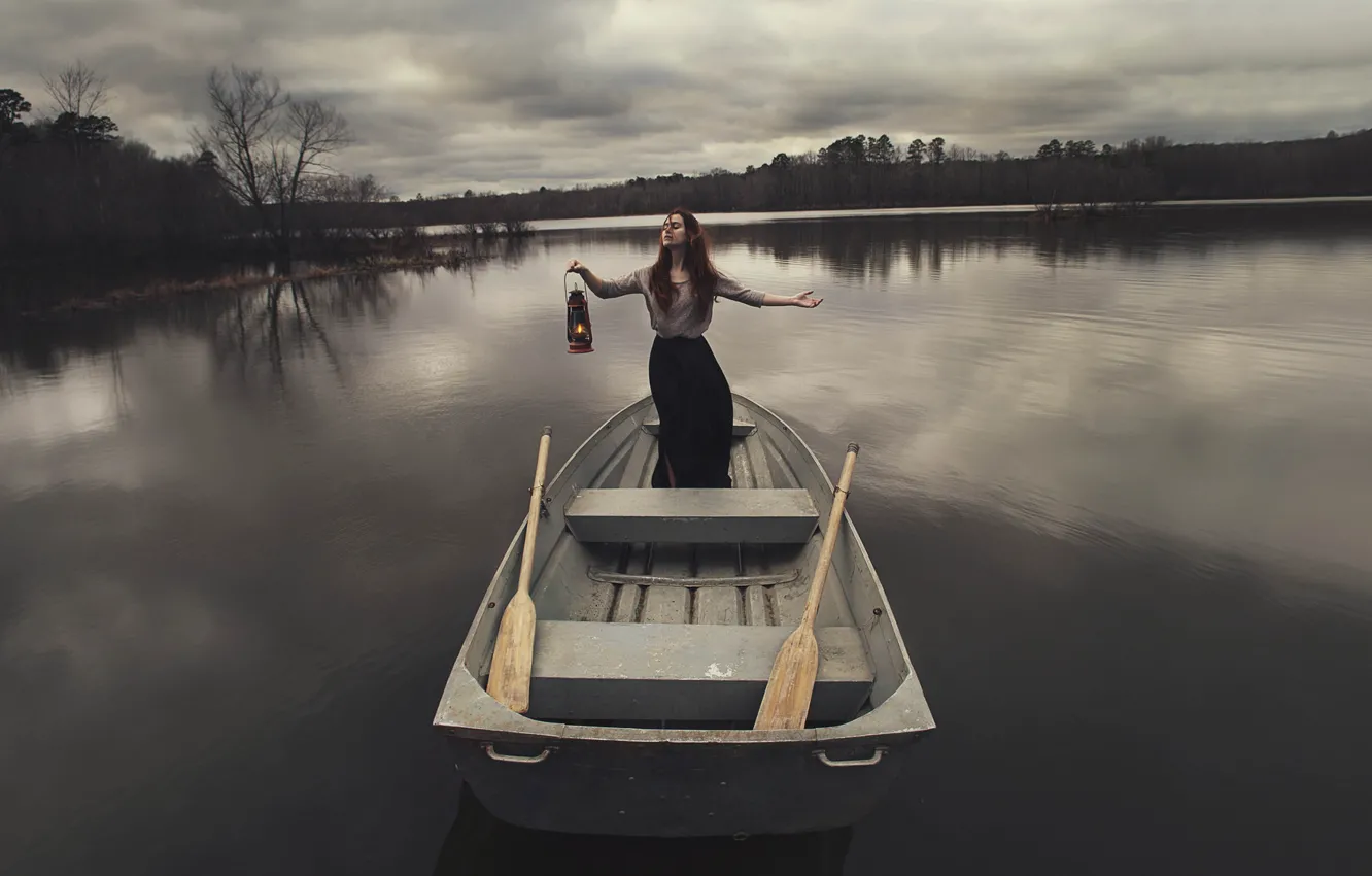 Photo wallpaper girl, lake, boat, lamp
