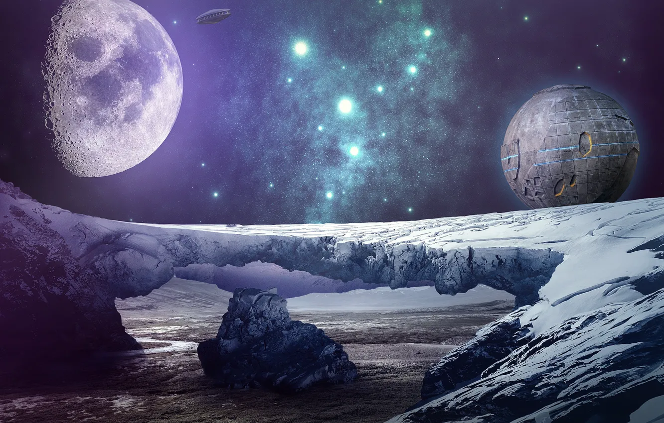 Photo wallpaper space, stars, landscape, nature, fiction, planet, ice, another world