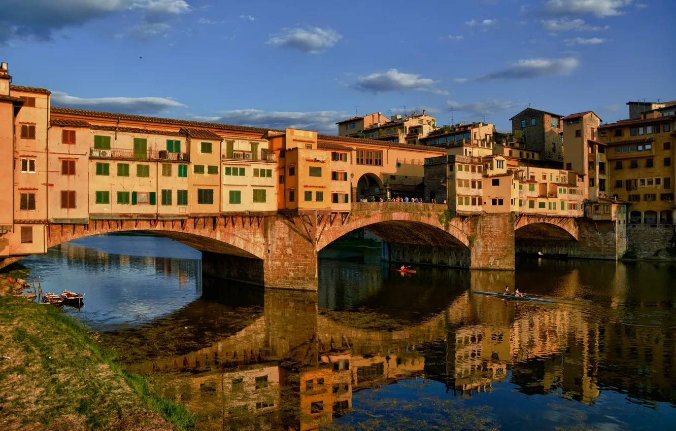 Photo wallpaper bridge, reflection, river, Italy, Florence, The Ponte Vecchio, Arno