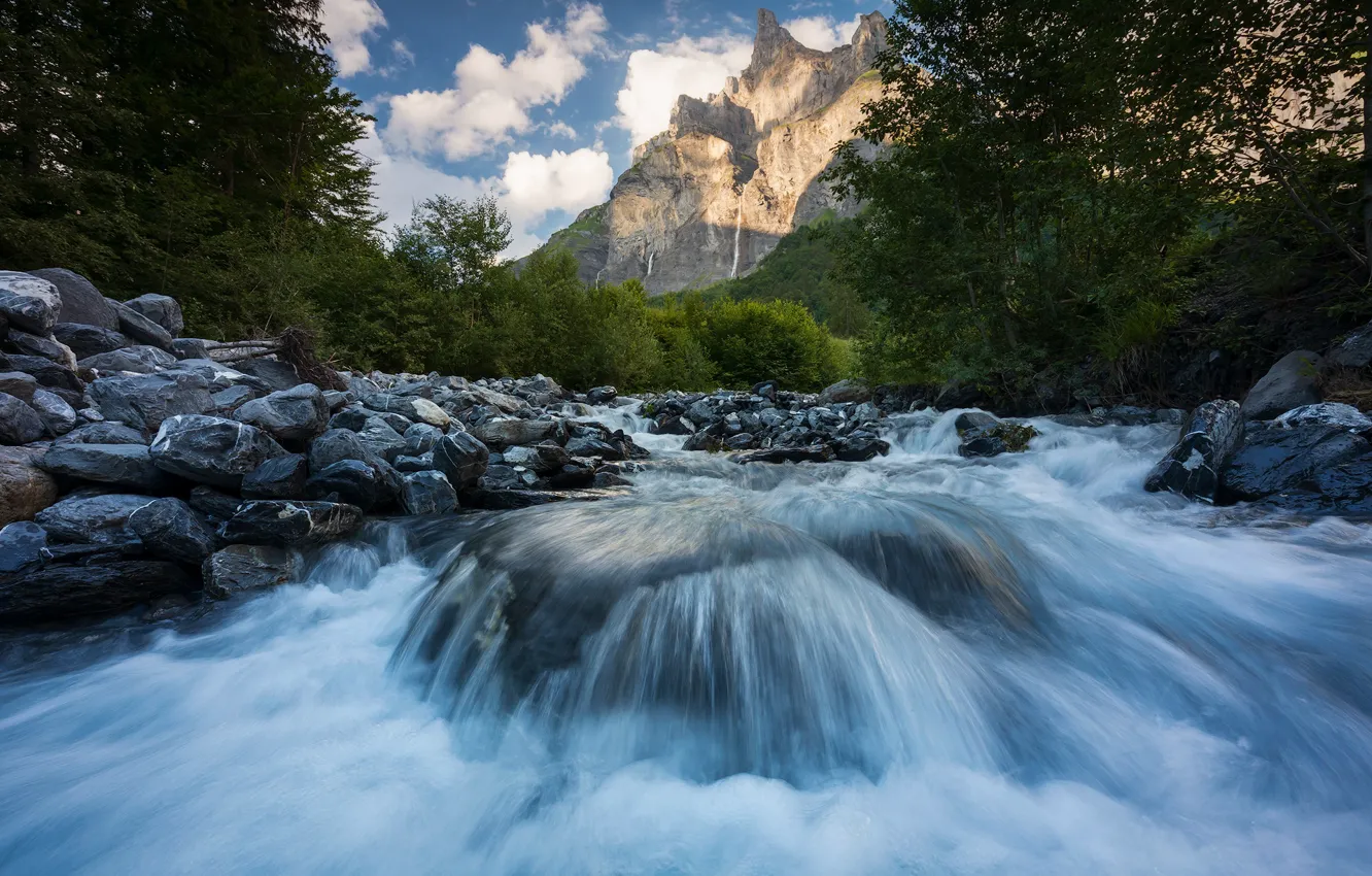 Photo wallpaper landscape, mountains, nature, river, stones, for, France, Alps
