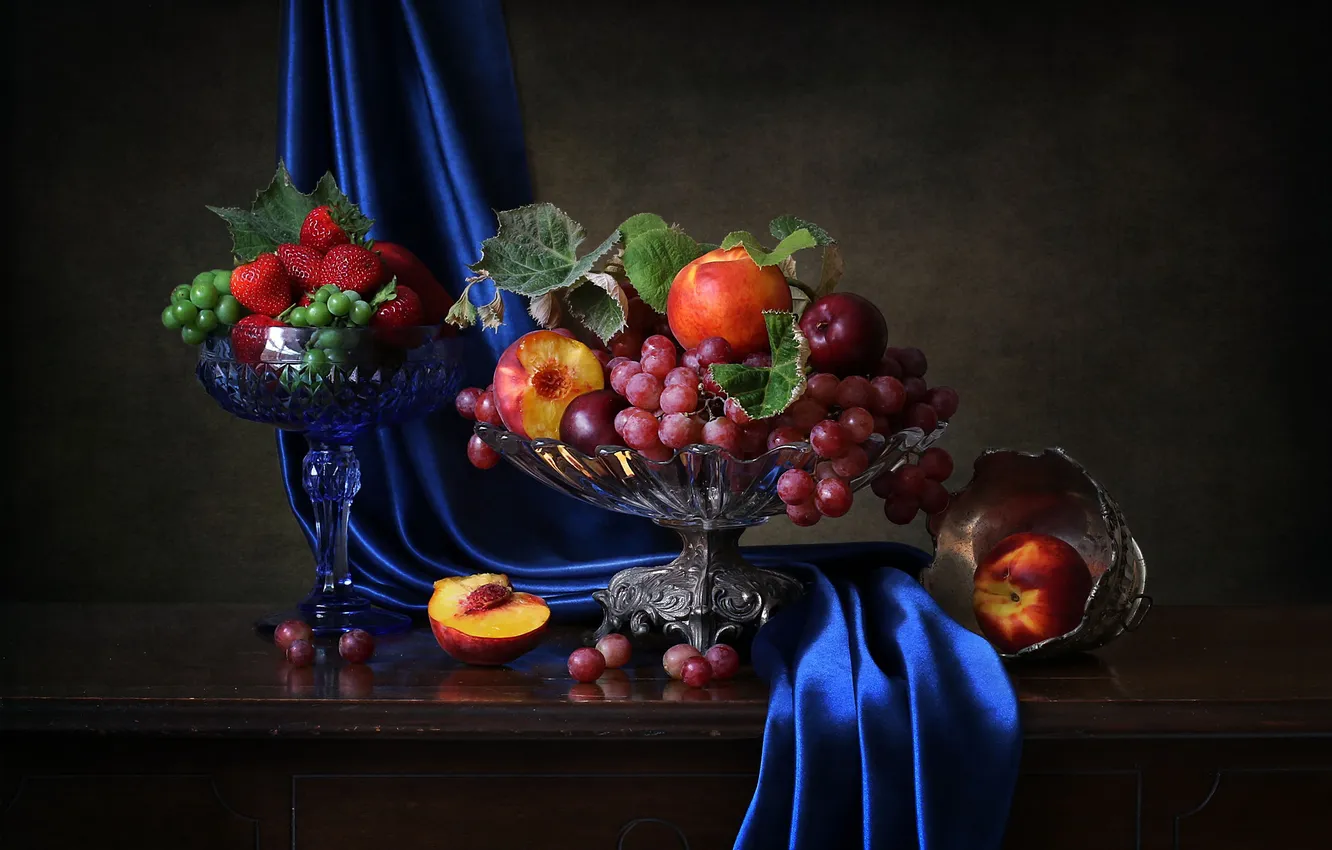 Photo wallpaper style, berries, strawberry, grapes, fabric, vase, fruit, still life