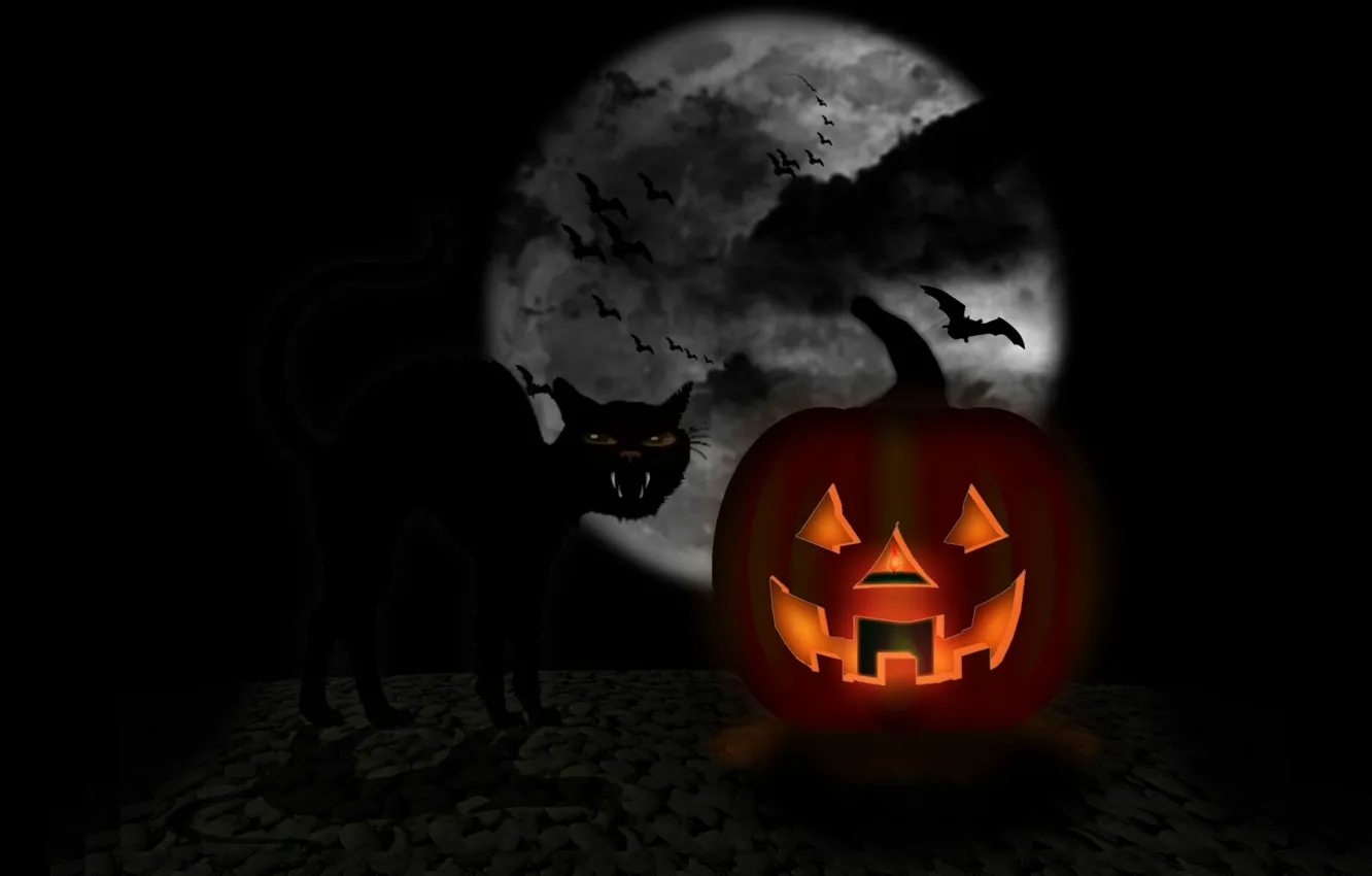 Photo wallpaper darkness, mouth, bat, the full moon, black cat, Happy Halloween, Jack