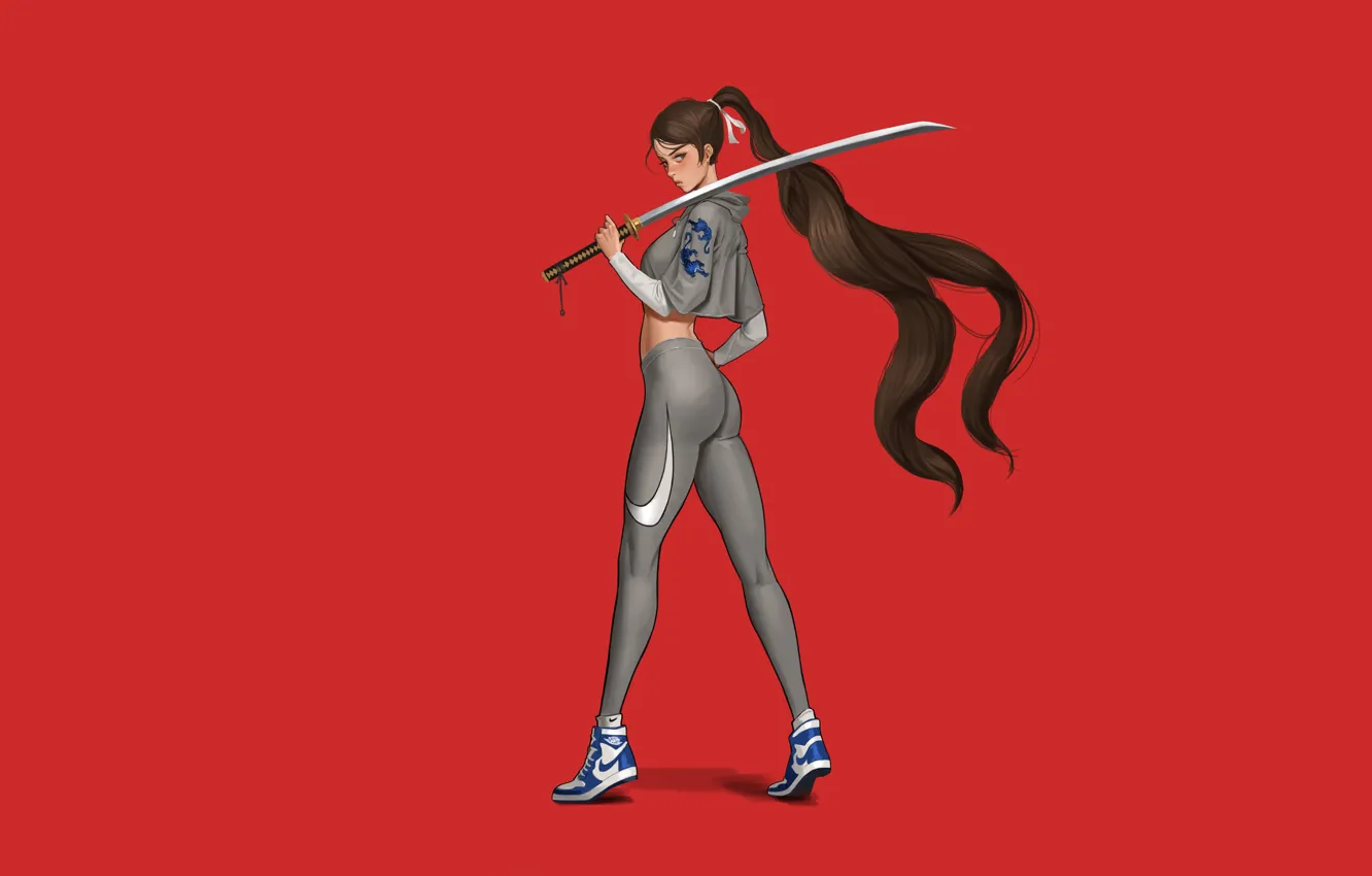 Photo wallpaper girl, style, hair, minimalism, sword, katana, costume, red