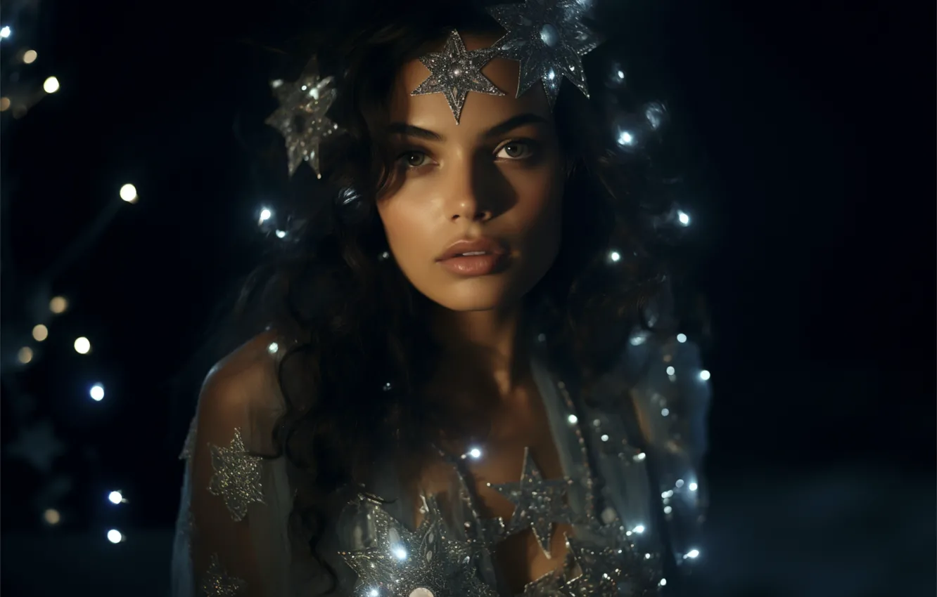 Photo wallpaper look, girl, stars, light, decoration, face, lights, glare