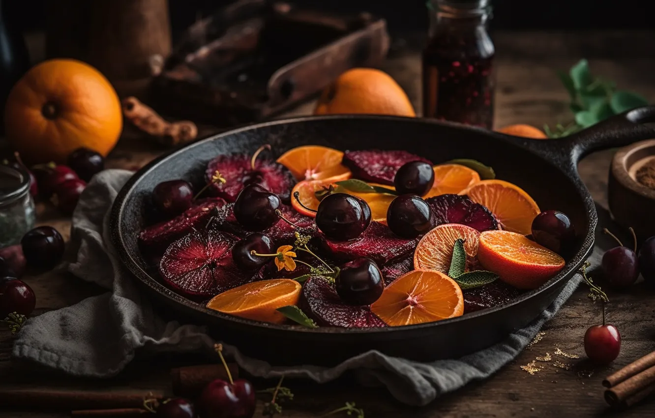 Photo wallpaper cherry, berries, table, food, fabric, still life, placer, cherry