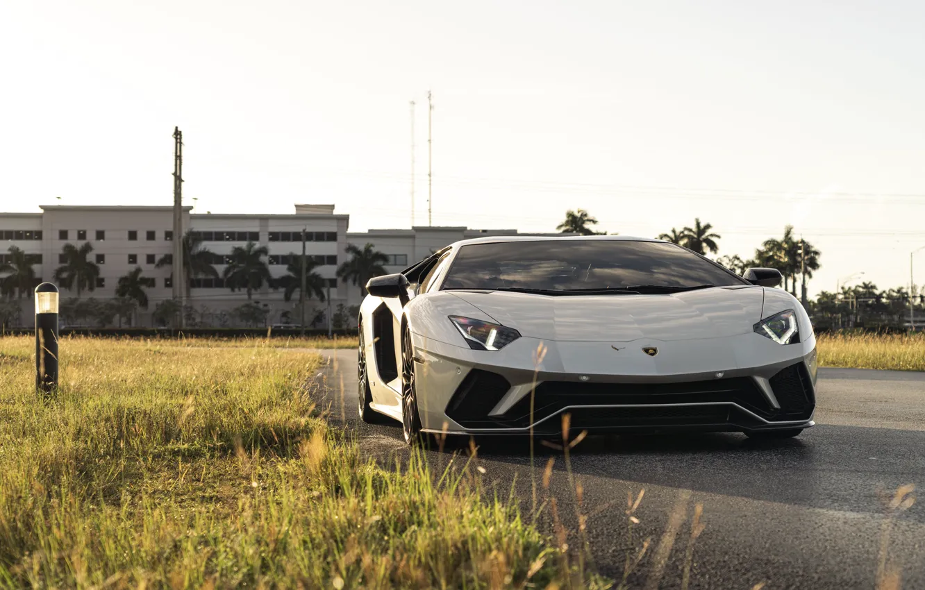 Photo wallpaper Lamborghini, Sunset, White, Aventador, Face, VAG, Sight