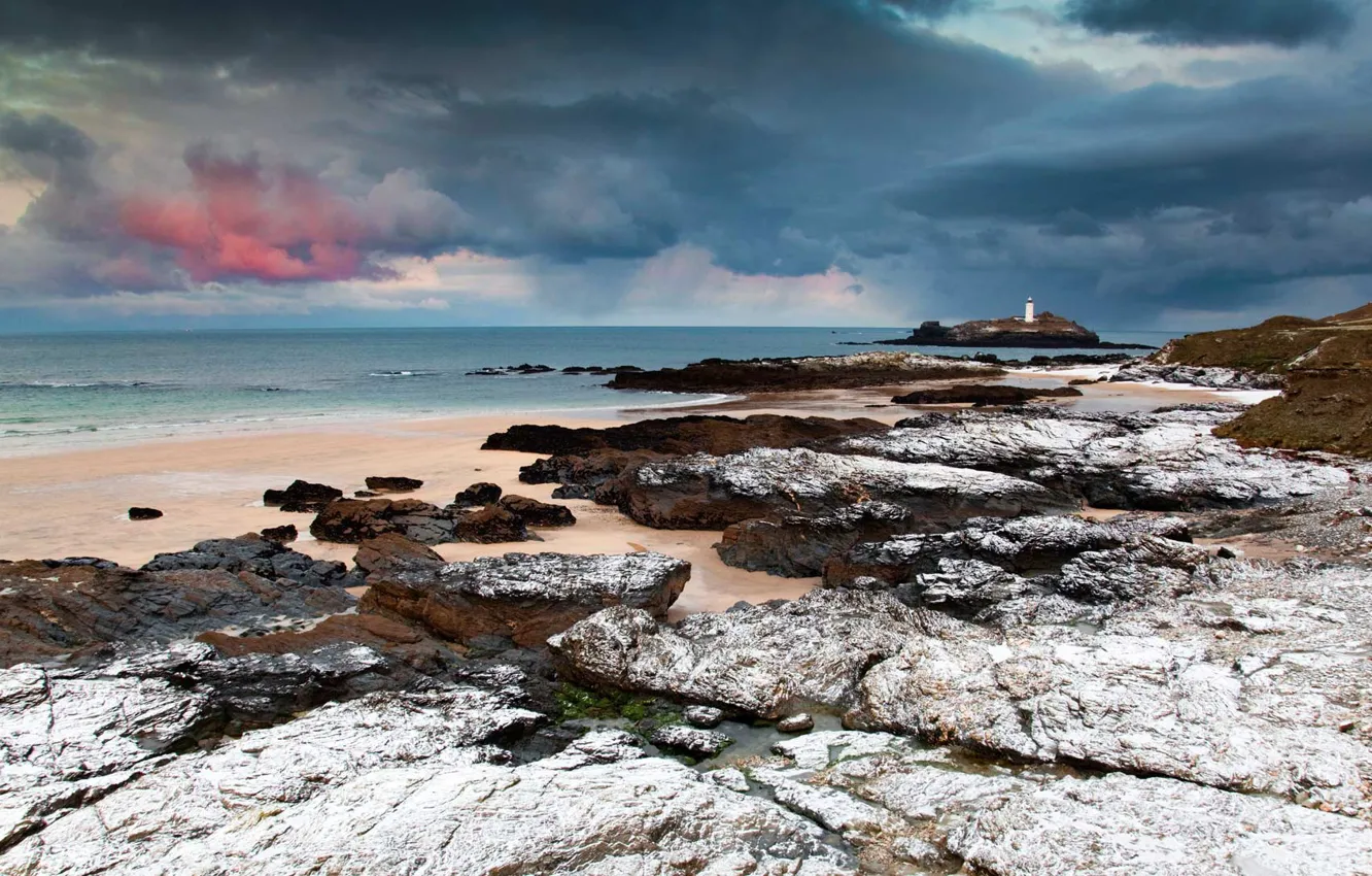 Photo wallpaper England, Cornwall, lighthouse Godrevy, Bay St Ives