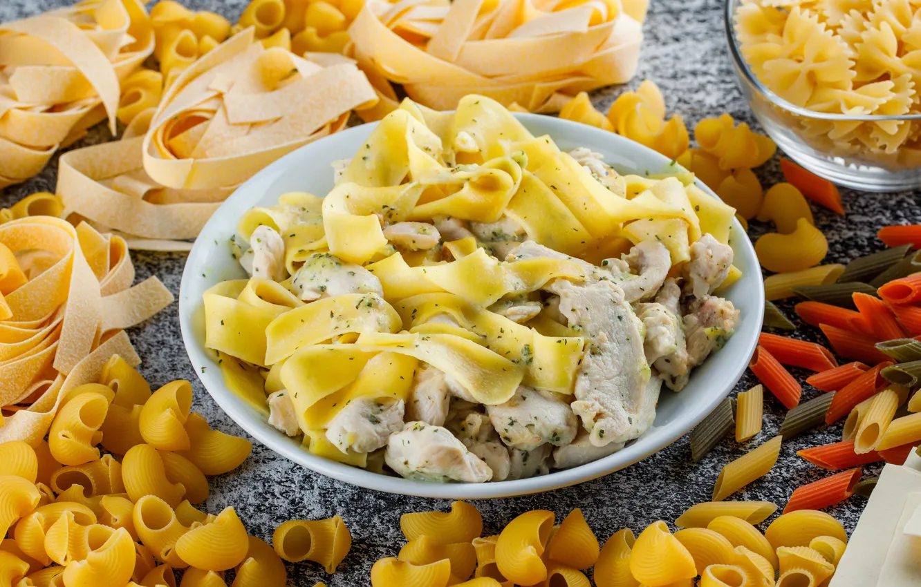 Photo wallpaper meat, bowl, horn, pasta, pasta