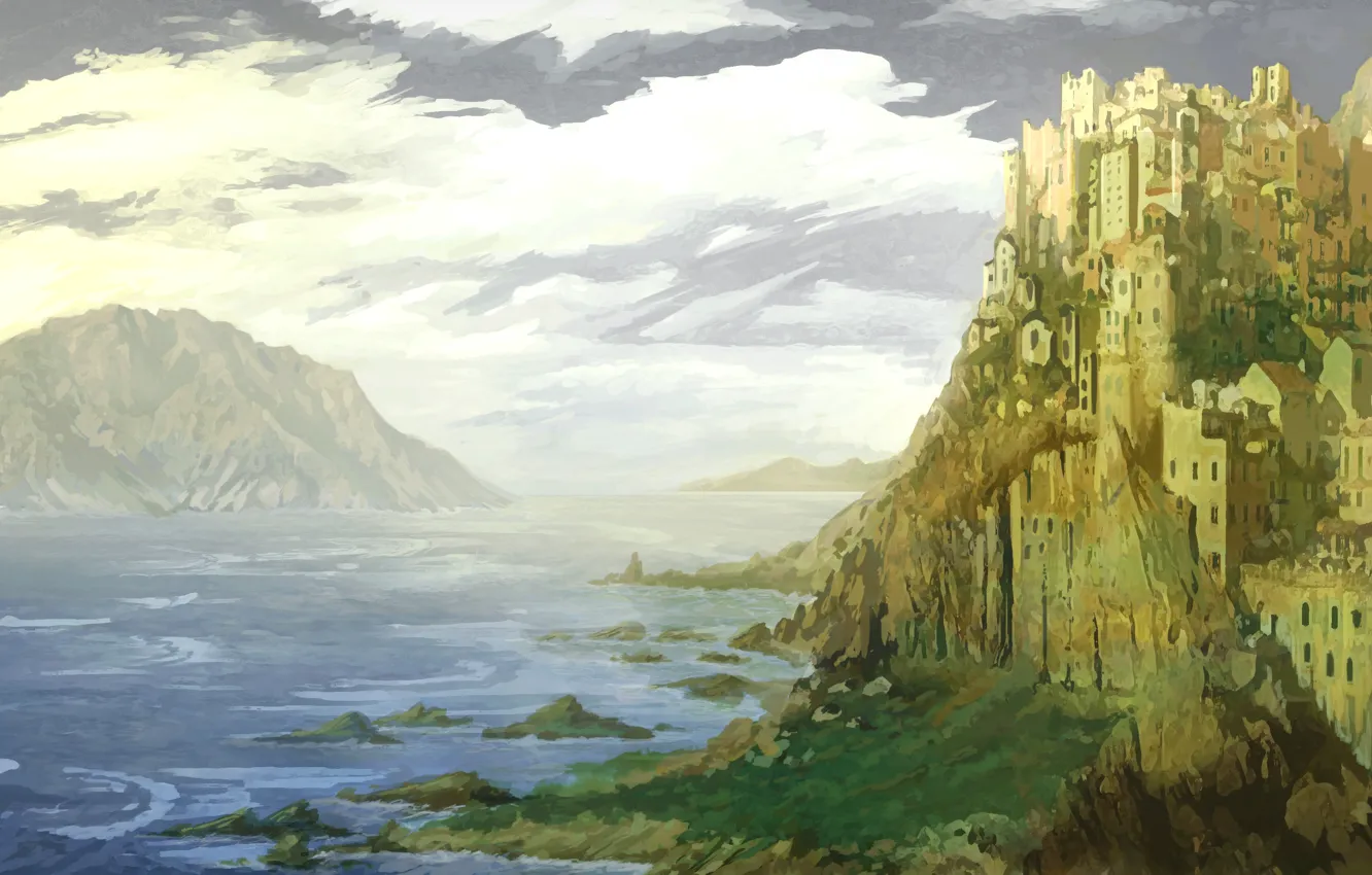 Photo wallpaper sea, clouds, castle, rocks, painted landscape