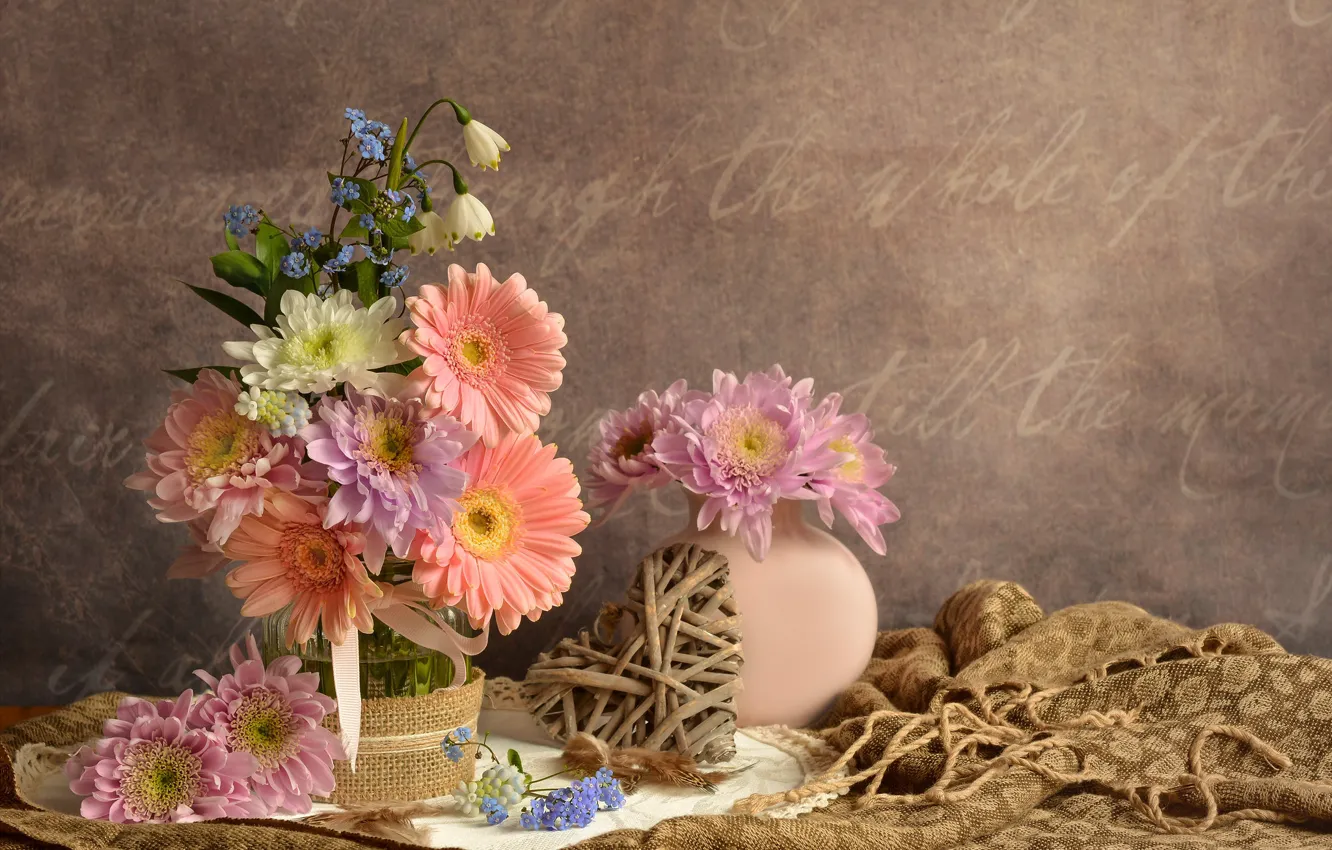 Photo wallpaper flowers, heart, fabric, vase, still life, gerbera