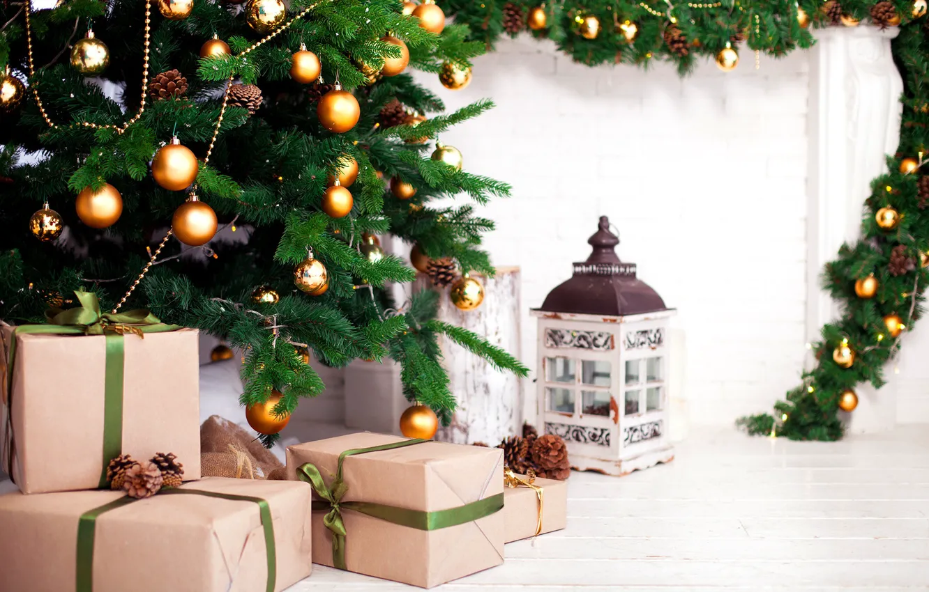 Photo wallpaper decoration, balls, toys, tree, lantern, gifts, New year, bumps