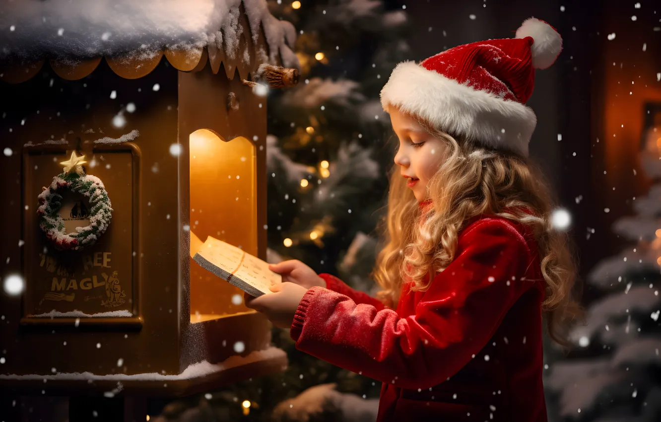 Photo wallpaper winter, letter, snow, new year, Christmas, girl, snowfall, Inbox