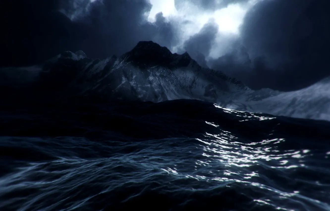 Photo wallpaper sea, wave, the sky, water, mountains, clouds, nature, rocks