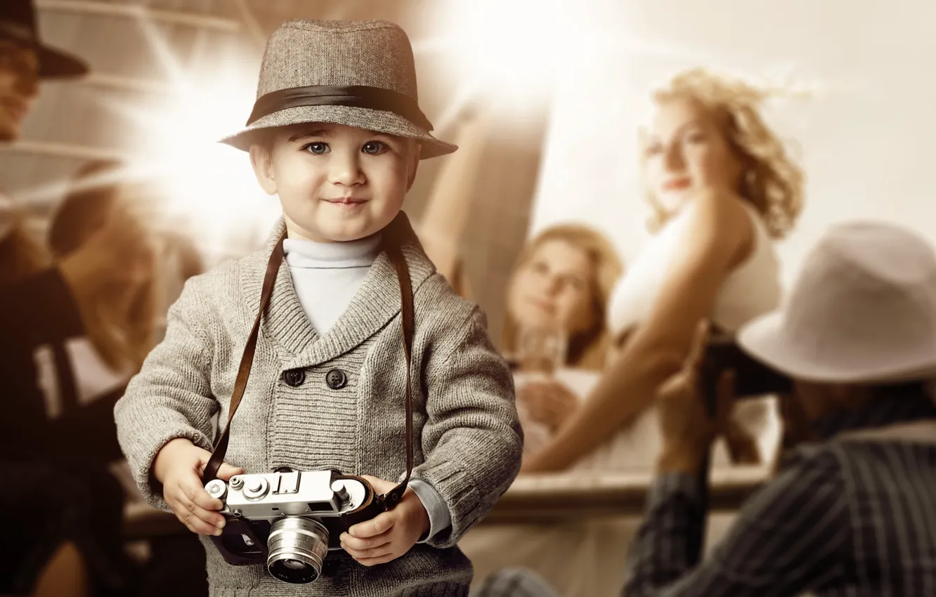 Photo wallpaper look, girl, smile, hat, boy, the camera, blonde, child