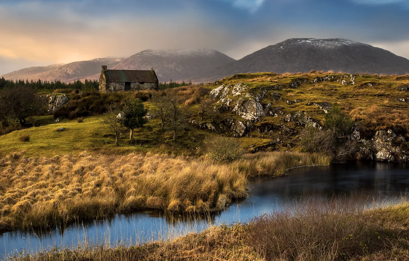Photo wallpaper mountains, river, home