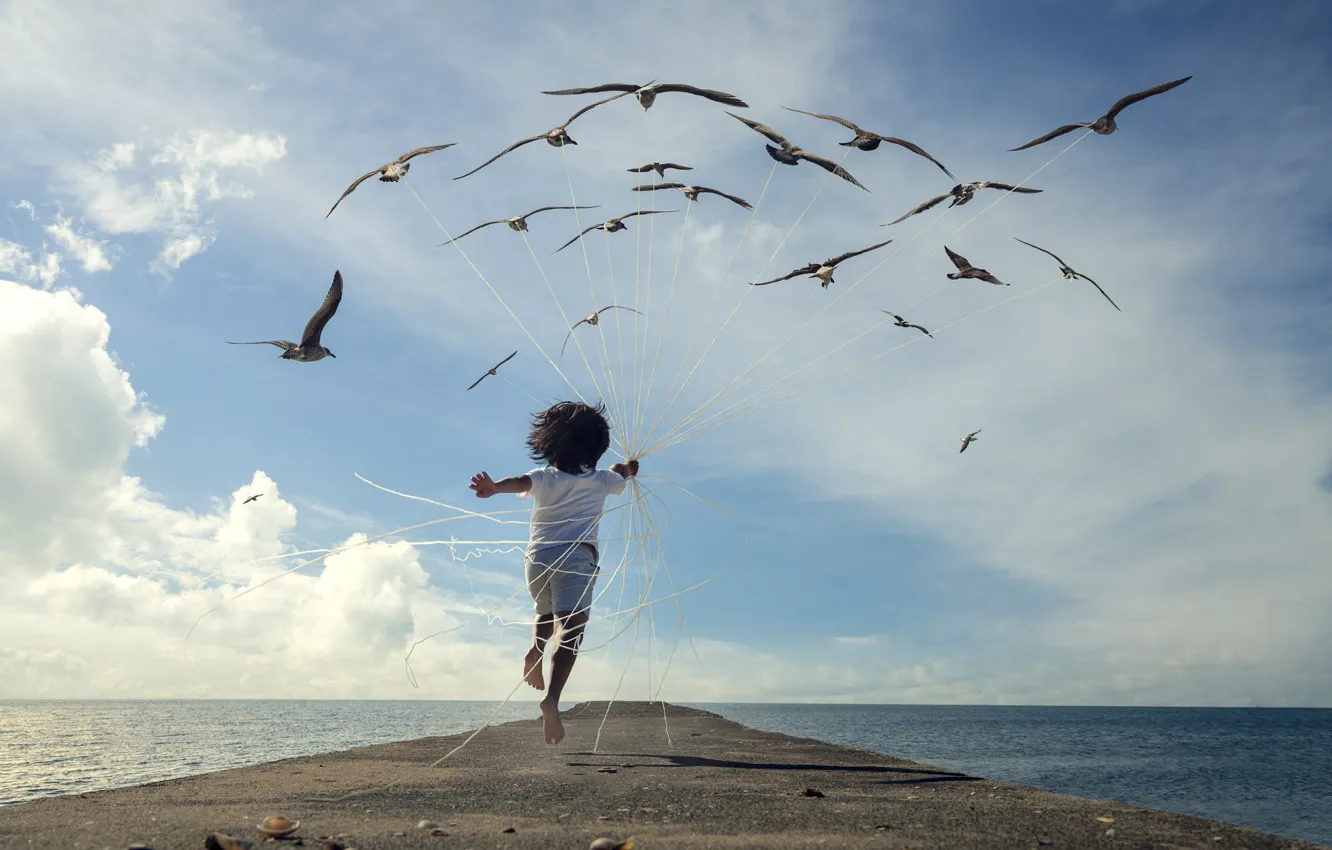 Photo wallpaper sea, the sky, dream, clouds, flight, joy, birds, rendering