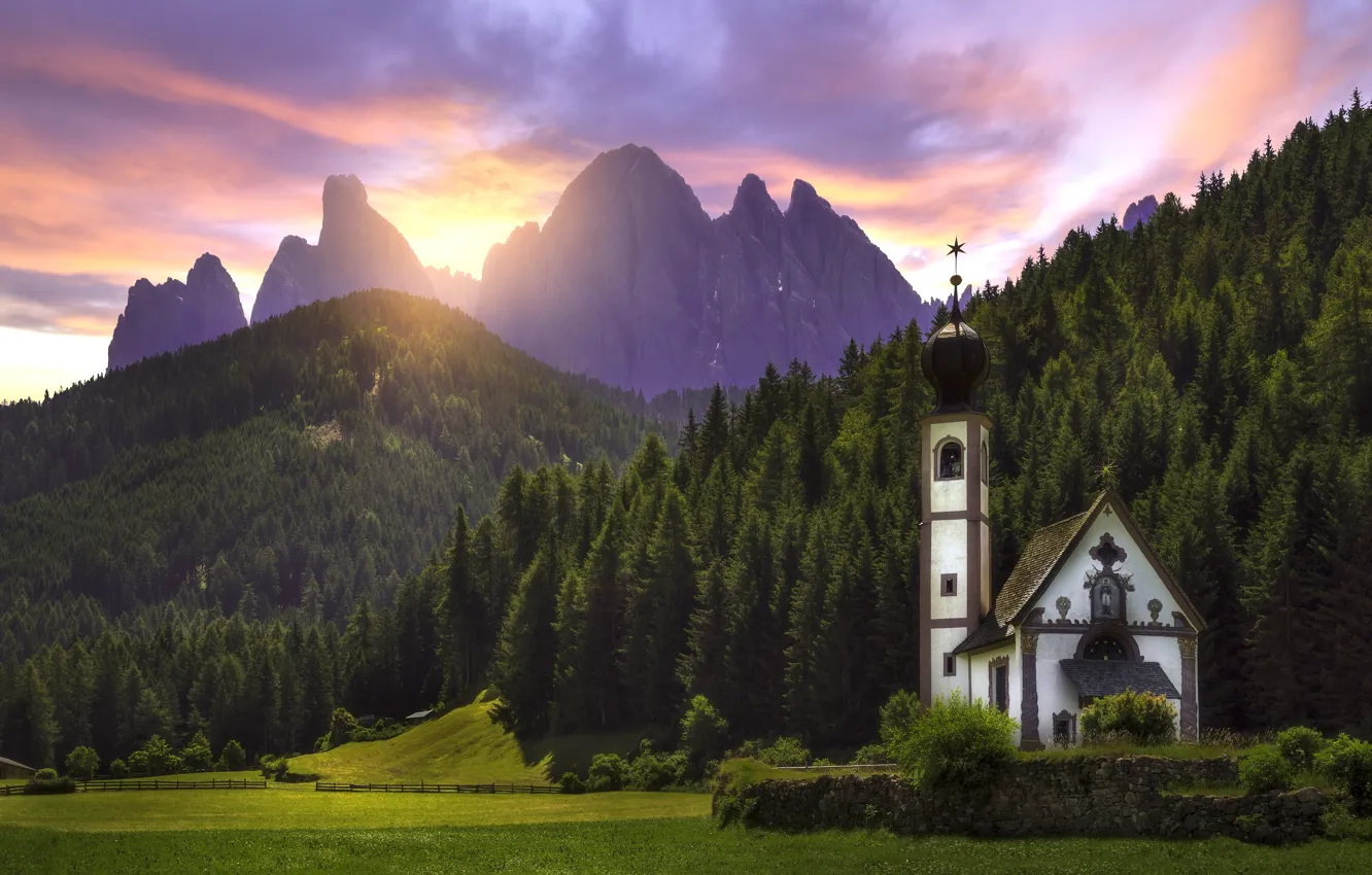 Photo wallpaper forest, sunset, mountains, meadow, Italy, Church, Italy, The Dolomites