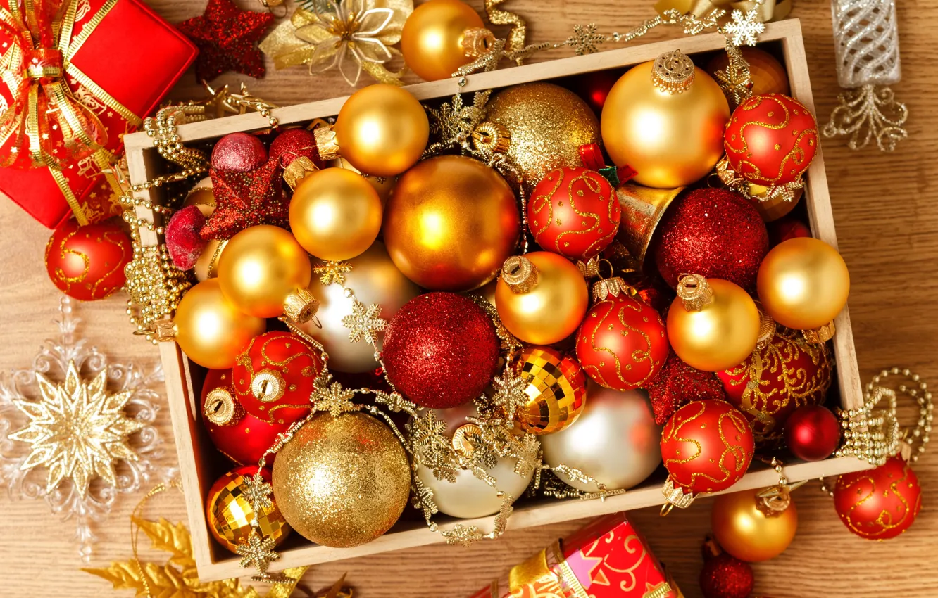Photo wallpaper balls, decoration, box, balls, toys, New Year, Christmas, red