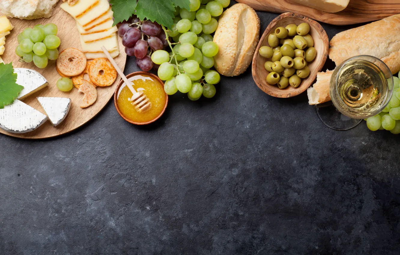 Photo wallpaper olives, cheese, wine, grapes, honey