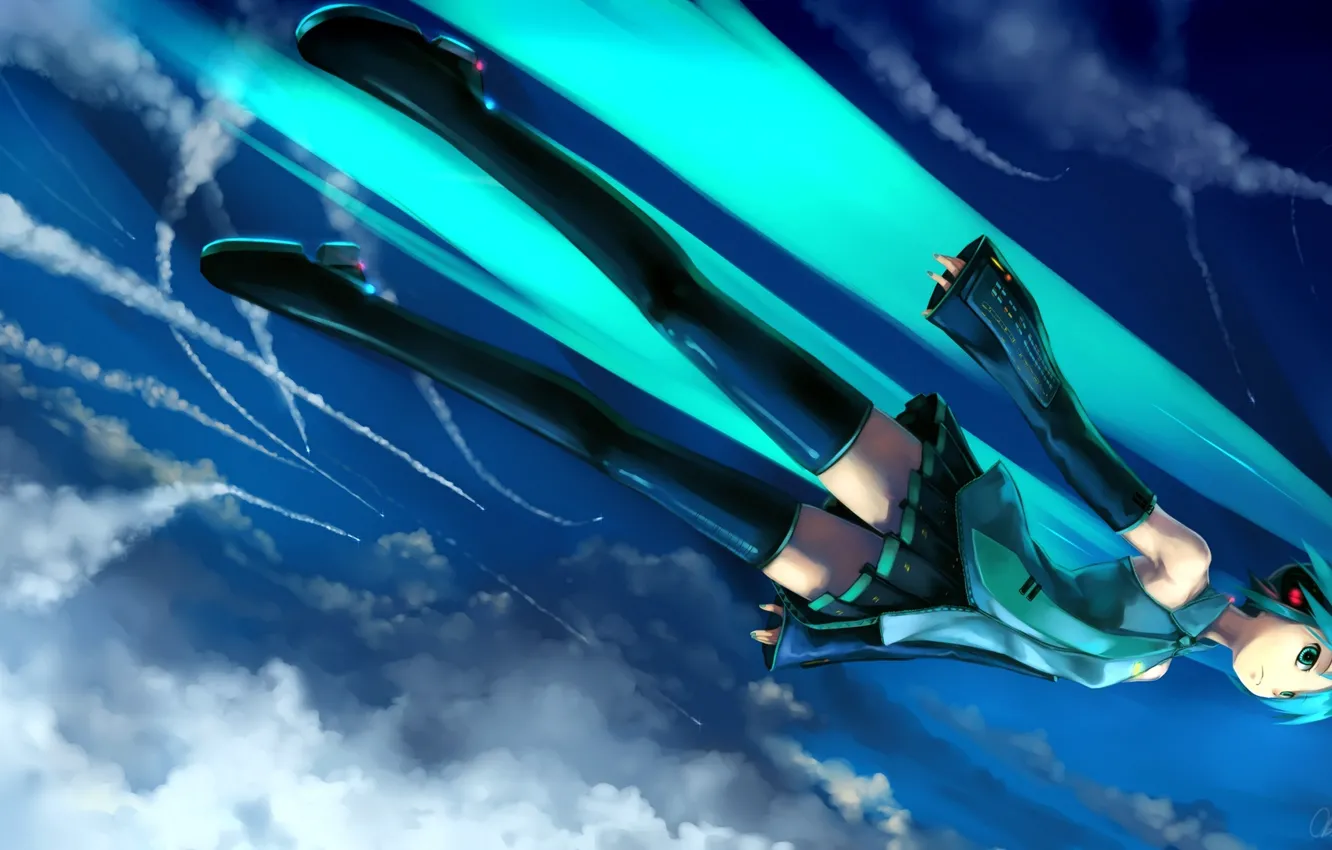 Photo wallpaper clouds, vocaloid, Hatsune Miku, flies, blue hair, blue sky, black stockings, the trace of the …