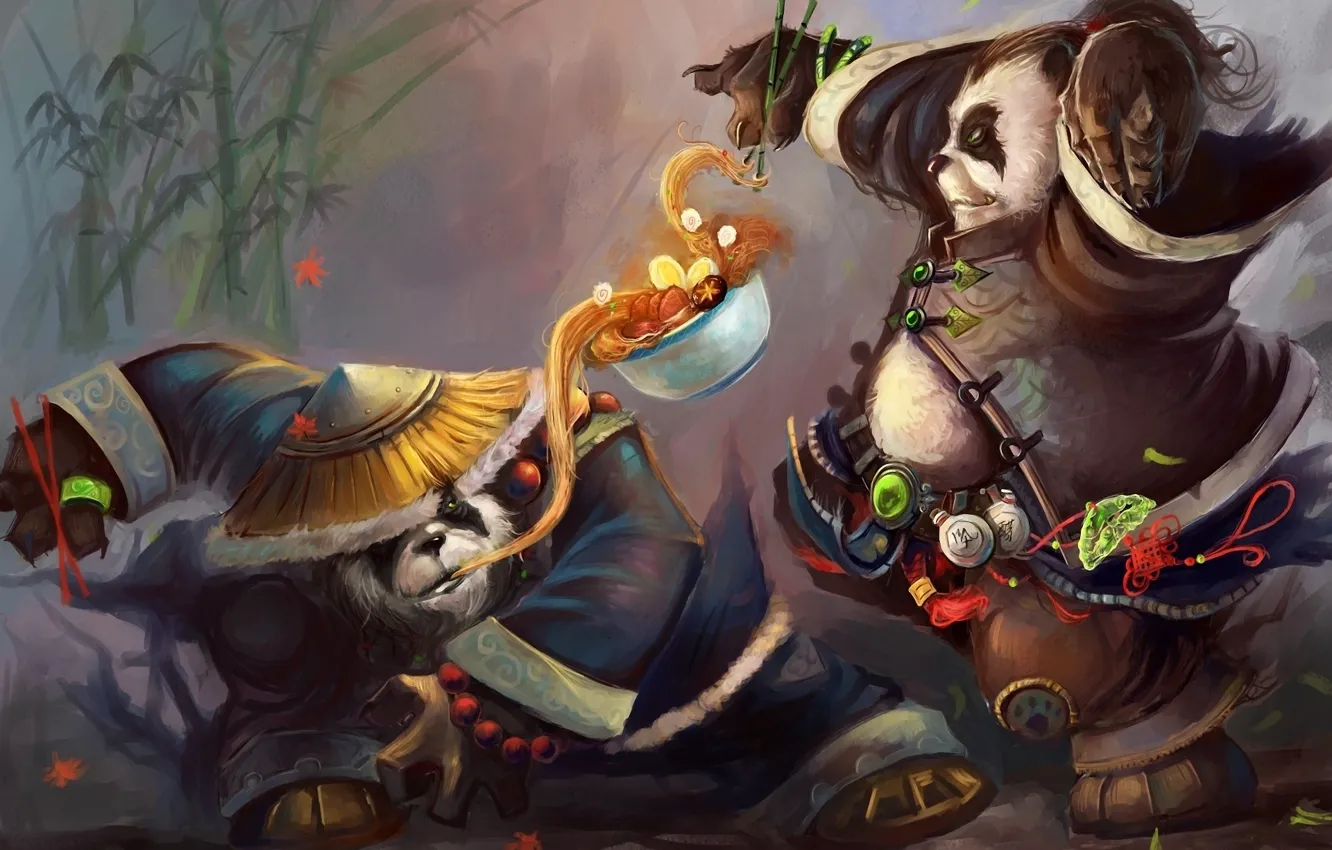 Photo wallpaper two, food, hat, bamboo, World of Warcraft, Panda, bowl, Mists of Pandaria