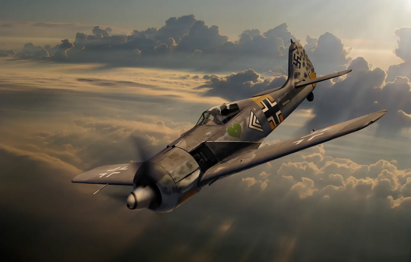 Photo wallpaper the sky, clouds, figure, fighter, art, German, Fw 190, Focke-Wulf