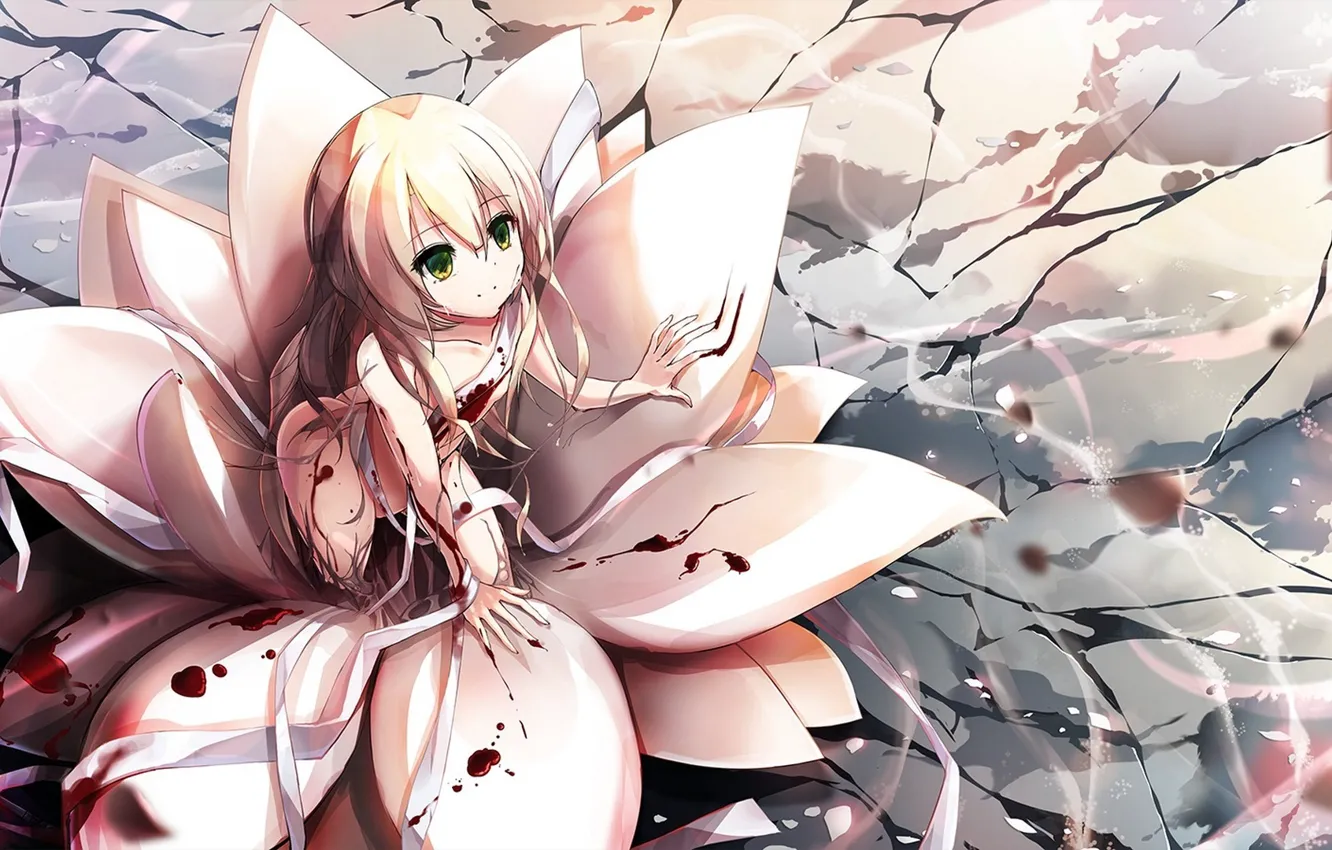 Photo wallpaper flower, girl, smile, blood, anime, art, bandages, riburanomind