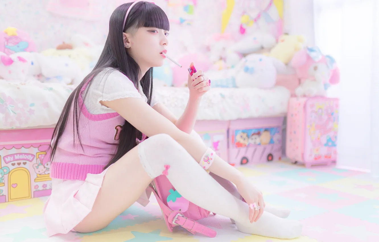 Photo wallpaper smoking, women, asian, black hair, skirt, makeup, cigarettes, lighter