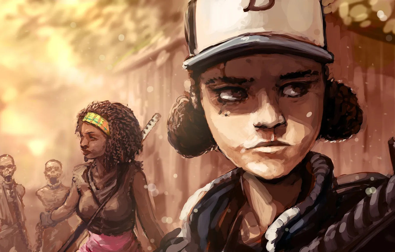 Photo wallpaper art, zombies, girl, Michonne, walking dead, Clementine, telltale games, clem