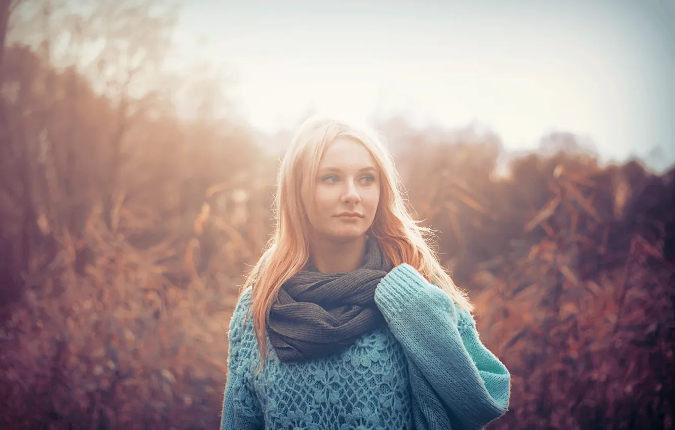 Photo wallpaper look, girl, scarf, blonde, sweater